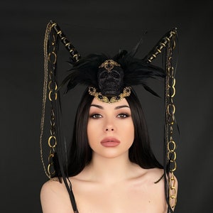 Demon horns headpiece, Dark Queen crown,  Antelope gothic crown, Black magic crown, Sugar skull headpiece, Horned Goddess, Magic Horns crown