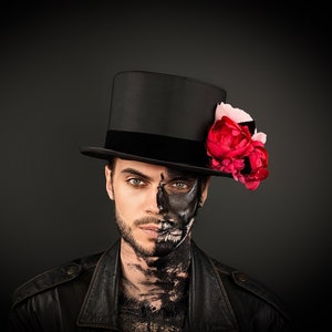 Santa Muerte masculina, Día de los Muertos, Día de los Muertos, Sombrero negro de Halloween, Calavera de azúcar, Máscara de calavera de goma, Sombrero de copa negro para hombre con rosa