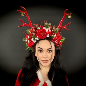 Fawn Horn Headband, Deer Antler Headband, Poinsettia Headband, Christmas Headband, XMAS Flower Crown, Classy Winter Hatinator