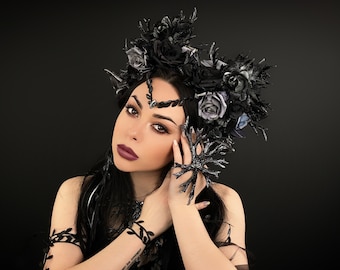 Dark elf crown, Dark fairy headpiece, Gothic headpiece, Woodland tiara, Halo Elf Crown, Nymph headpiece, Flower tiara, Midsummer Festival