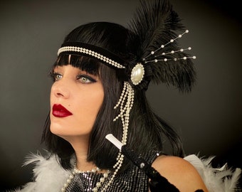 Great Gatsby Headpiece, Burlesque Hair Accessories, 1920s Headband, Black Feather and White Pearl Headpiece, Ostrich Feather Headpiece.