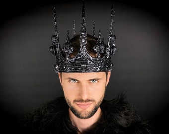 Zinn schwarze Krone, Gothic Männerkrone, Dark King, Große Männerkrone, Teufel Krone, Schädelkrone Halloween, Königskrone