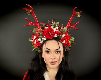 Fawn Horn Headband, Deer Antler Headband, Poinsettia Headband, Christmas Headband, XMAS Flower Crown, Classy Winter Hatinator