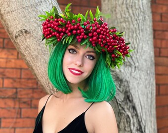 Large crown with red berries and green leafs, Ethnic headdress, Boho wedding berry crown, Goddess headdress, Crown romantic, Ethnic wreath.