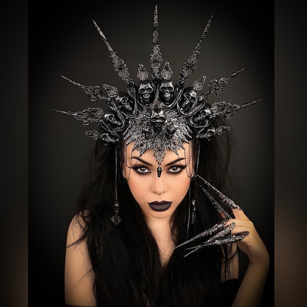 Pewter Black Headdress, Death Skull crown, Gothic crown, Vampire, Evil queen, Burning man, Sugar Skull, Halloween, Gothic Halo Crown, Hades