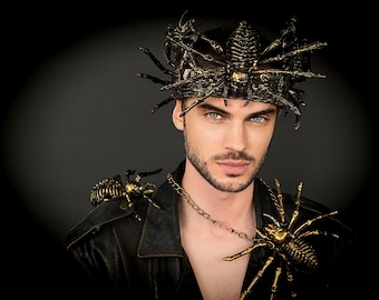 Spider King Crown, Big Men’s Gothic Crown, Spider Crown with Necklace, Halloween Gothic Costume, Men’s Halloween headdress