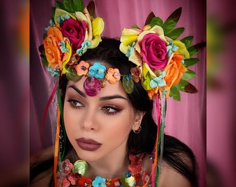 Fairy flower crown, Festival carnival headpiece, Fairy rainbow nymph, Flower elf crown, Secret garden, Midsummer fest, Rave party