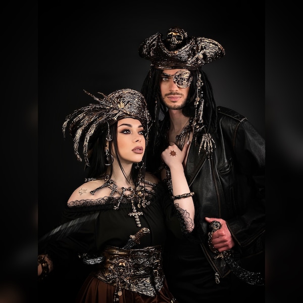 Captain Jack Sparrow and Angelica Teach Costume, Male and Female Pirate Tricorne, Pirate Costume, Pirates Caribbean, Barbossa, Anne Bonny