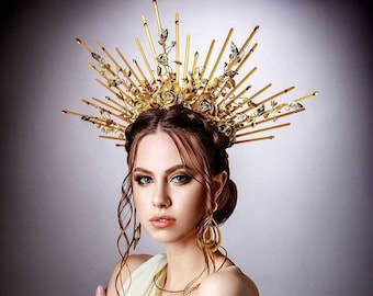 Goddess crown, Spike halo headpiece, Sunburst crown gold, Halo crown, Halo sunburst headpiece, Spike goddess headpiece, Gala headband