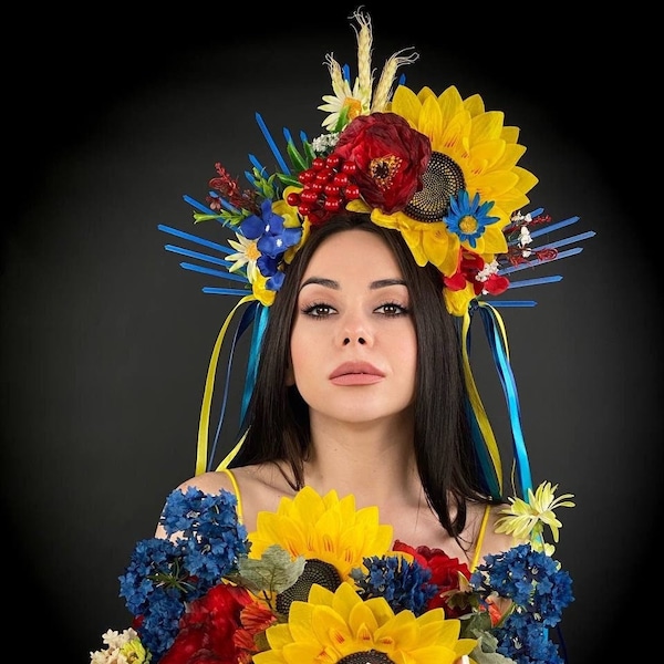 Ukrainische Blumen-Halo-Krone, ukrainisches Nationalstirnband, Blau und Gelb, Kopfschmuck mit Bändern, Sonnenblumen, Mohnblumen, Ährchen aus Weizen