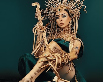 Halloween, Luxury Medusa Crown, Gold Spiked Gothic Gorgon Halo, Snake Headpiece