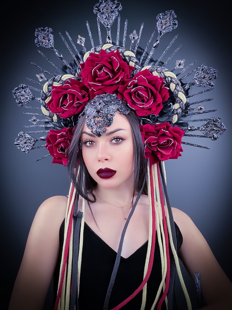 Gothic Crown, Burgundy Roses, Halloween Headband, Frida Kahlo, Santa
