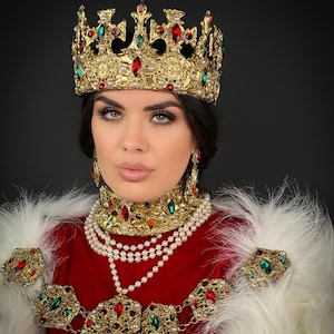 Gold königliche Krone, Königin Krone, königliche Hochzeit, Prinzessin Hochzeit Kopfschmuck, Tsarevna, Strass Krone für Frauen, Cosplay, Maskenball