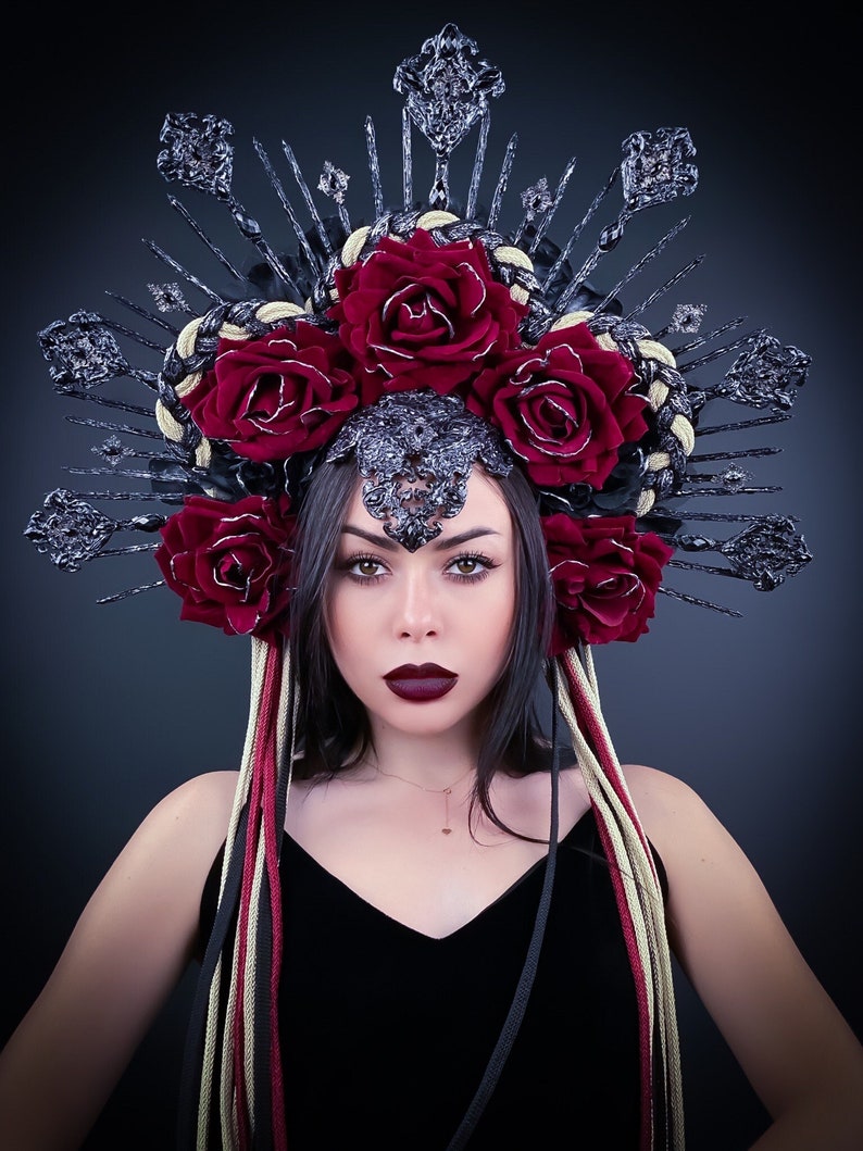 Gothic Crown, Burgundy Roses, Halloween Headband, Frida Kahlo, Santa