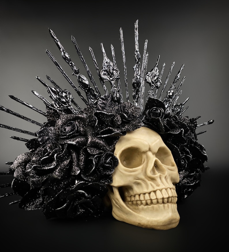 Halloween, Mörk drottningkrona, Tennsvart gotisk huvudbonad, Sockerskalle, Santa Muerte bild 8