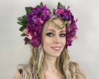 Elf flower headdress, Violet flower crown, Large purple headpiece, Fairy headband, Nymph headpiece, Flower tiara, Halo floral crown.