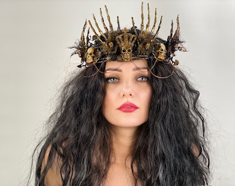 Gothic crown of branches, Gothic wedding, Death Skull crown, Skull Dia de los Muertos, Skeleton, Black veil with lace