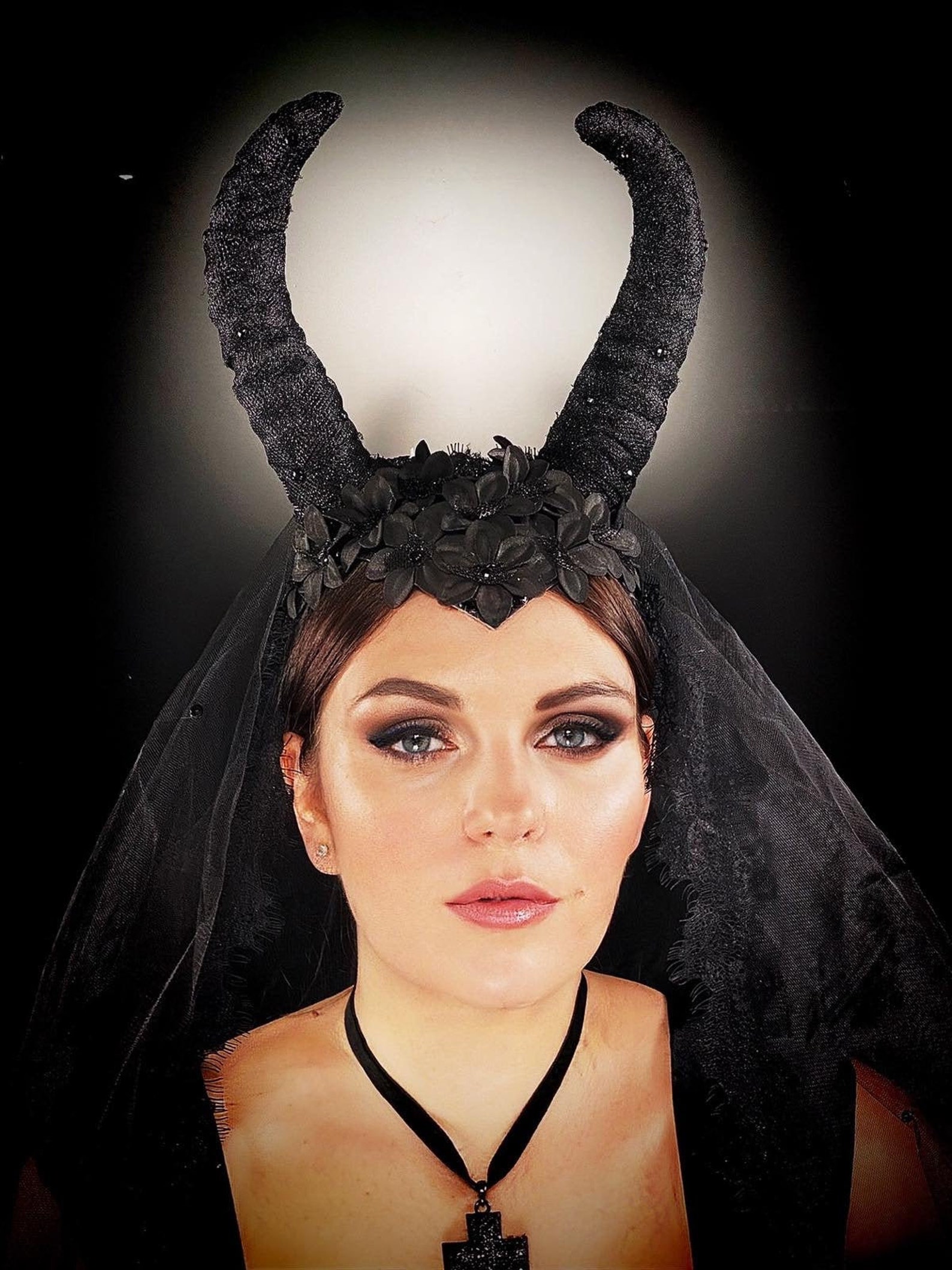 Gothic black headdress with horns and veil Headdress horned Etsy