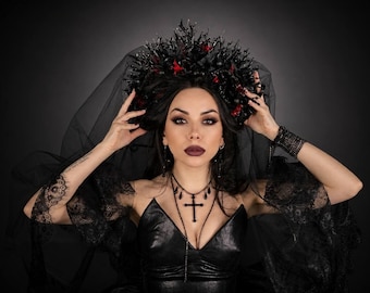 Burning man, Gothic Wedding Flower Crown, Dark Fairy Headpiece, Red & Black