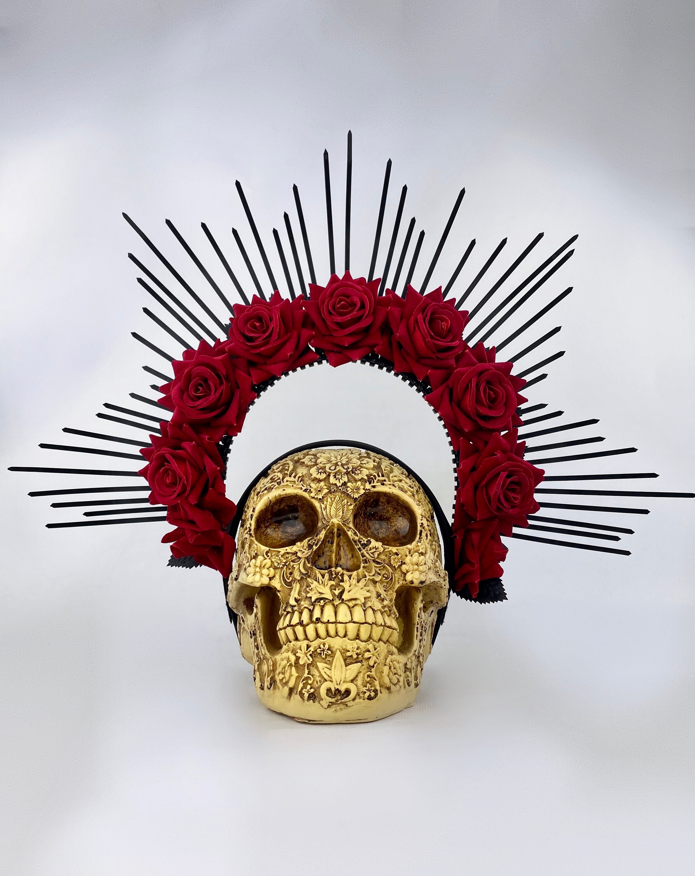 Blumen Haarschmuck – Rot-Schwarzer Haarreif Mit Rosen, Dia De Los Muertos Style, La Catrina Diadem Für Halloween & Gothic Looks
