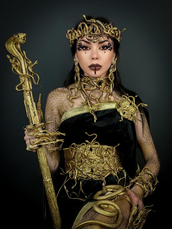 medusa gold dress Amazon.com: Forplay Women's Gold Medusa Costume 4-Piece Halloween Outfit  with Bra With Drapes, Skirt, Choker and Wristlets, Gold, XS/S: Clothing,  Shoes & Jewelry