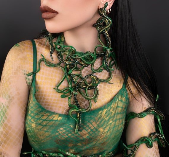 Burning man, Green Snake Necklace, Medusa Gorgon Costume Jewelry, Gothic Earrings