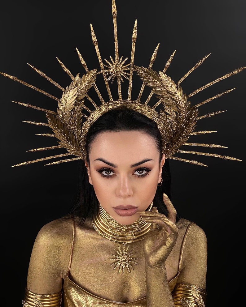 Fashion Gold Headband, Glitter Met Gala Crown, Sunburst Crown, Spike Halo Crown, Goddess of Victory, Galaxy Crown, Laurel wreath, Fire bird image 5