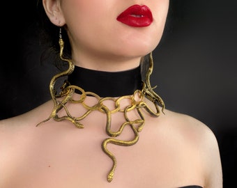 Snake earrings, Choker snake, Goth jewellery, Medusa necklace, Serpent jewelry, Serpent earrings, Gorgon necklace, Snake stud earrings