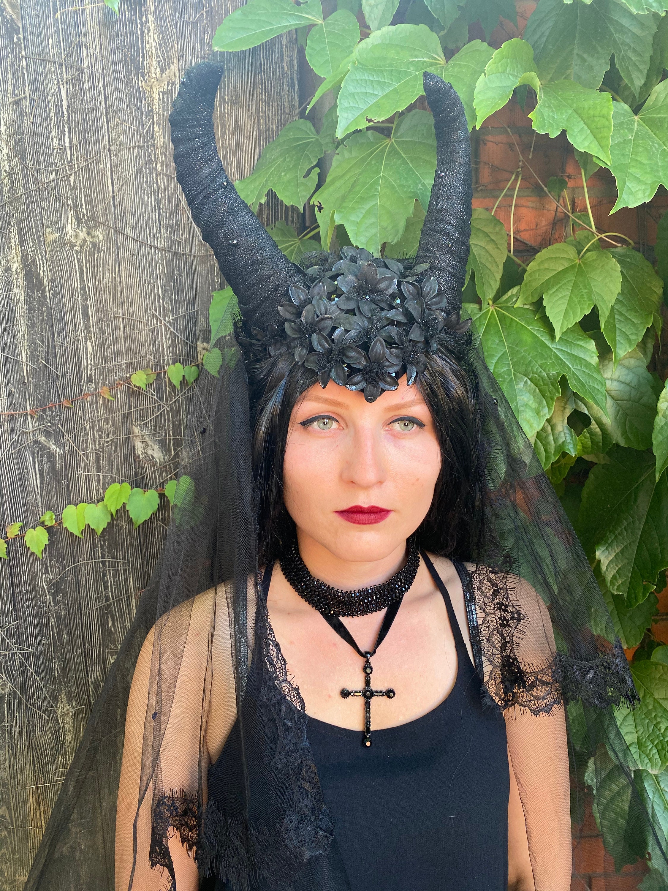 Gothic black headdress with horns and veil Headdress horned Etsy