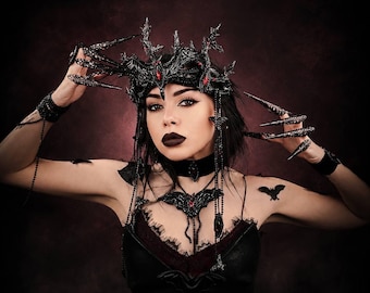 Halloween, tiara gotica da regina dei vampiri, corona con strass rossi, copricapo fatto a mano