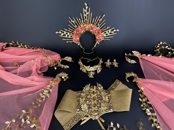 Gold and Pink Spiked Headpiece Amazon.com : COSUCOS Renfaire Flower Halo Crown - Handmade  main image 4