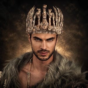 Puede incluir: Retrato de una persona con corona y piel. La corona está hecha de estructuras óseas y calaveras. La persona tiene una expresión seria, sobre un fondo oscuro.