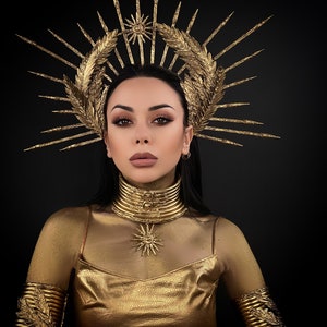 Fashion Gold Headband, Glitter Met Gala Crown, Sunburst Crown, Spike Halo Crown, Goddess of Victory, Galaxy Crown, Laurel wreath, Fire bird image 4