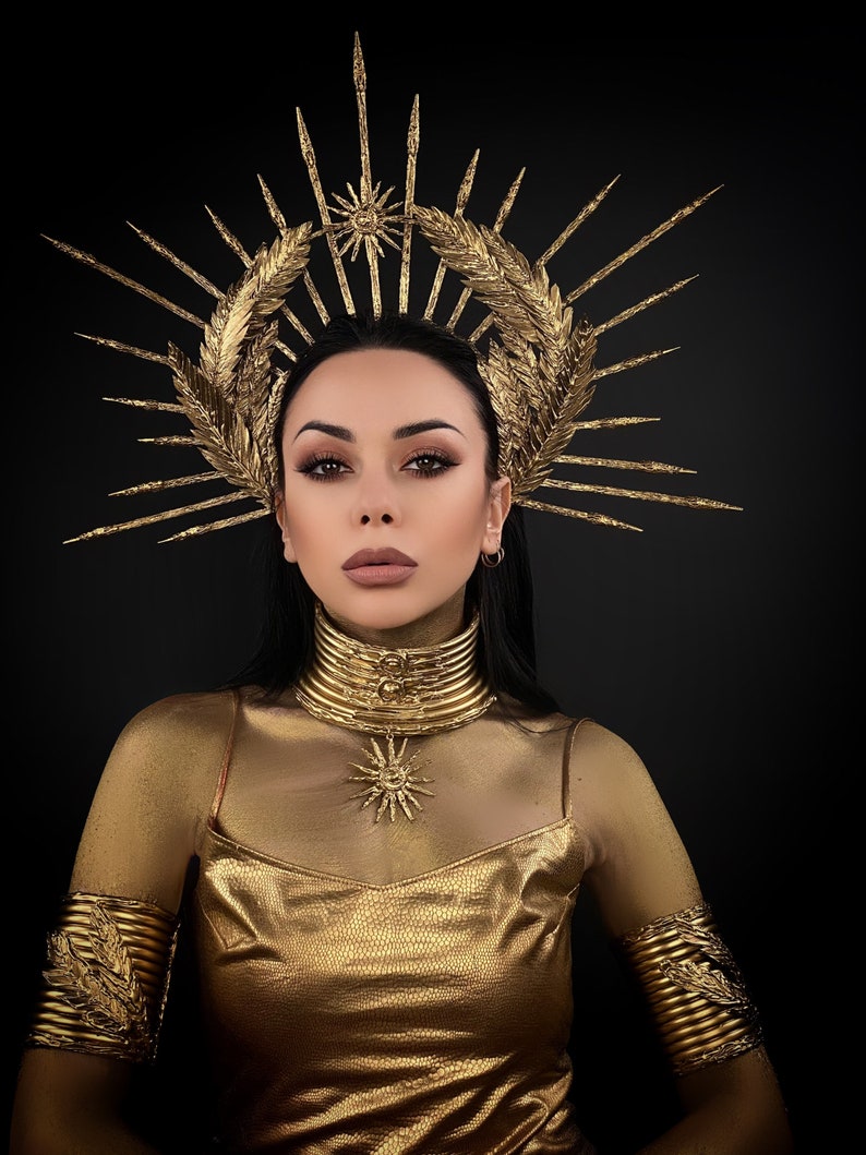 Fashion Gold Headband, Glitter Met Gala Crown, Sunburst Crown, Spike Halo Crown, Goddess of Victory, Galaxy Crown, Laurel wreath, Fire bird image 4