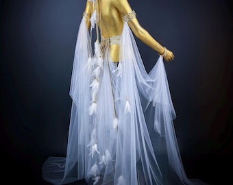 Burning man, Handmade Tulle Bustle with Feathers, Burlesque Costume, Rave Skirt