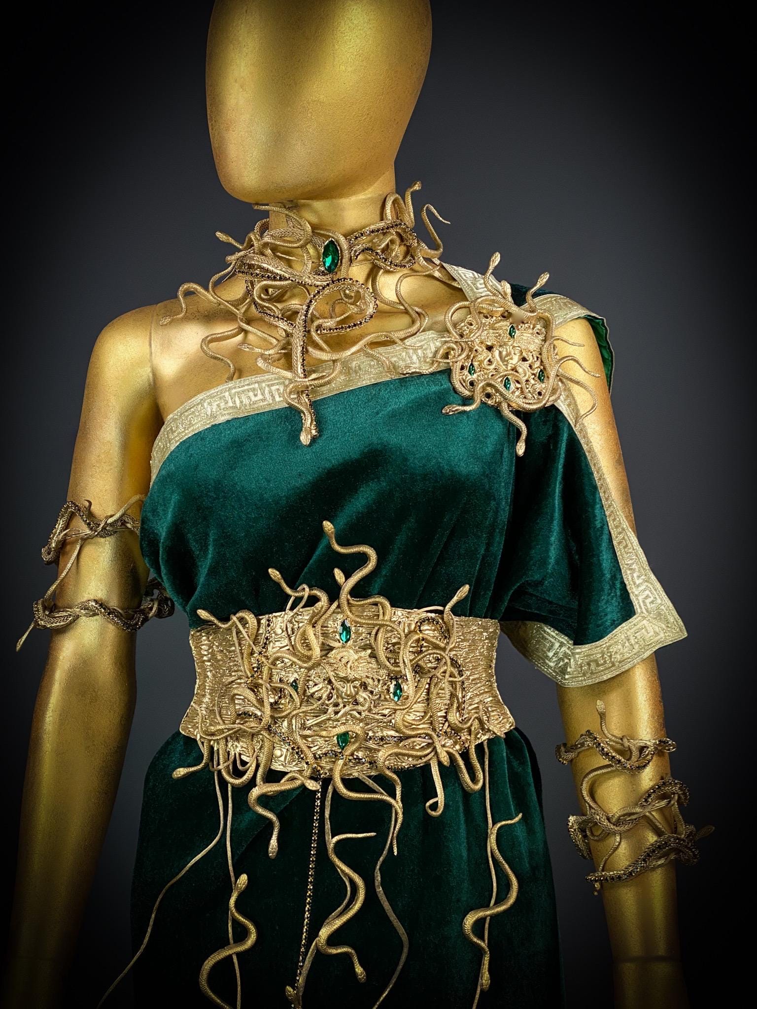 Burning man, Gorgon Medusa Costume, Emerald Velvet Dress, Snake Accessories