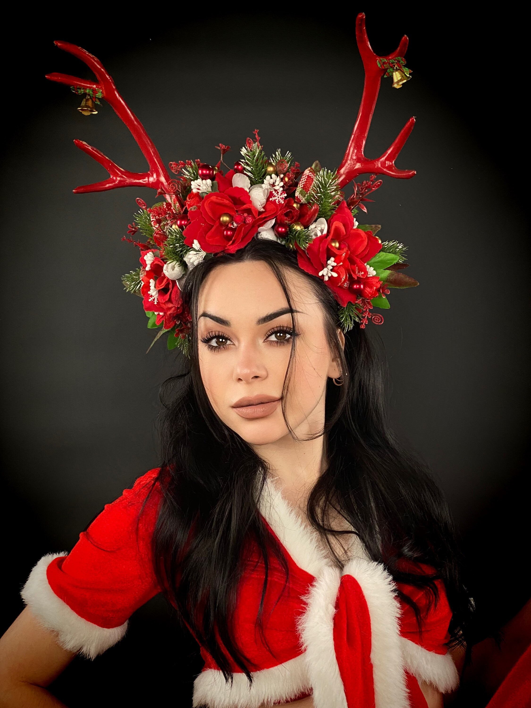 Christmas Poinsettia Deer Antler Headband, Winter Flower 