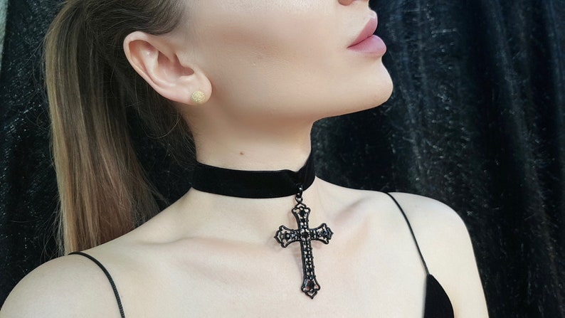 Gothic Cross, Gothic Jewelry, Gothic Necklace, Victorian Cross Pendant, Medieval Choker, Renaissance Necklace, Cross Choker image 3