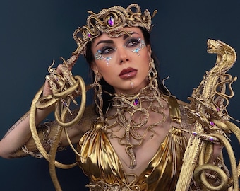 Halloween, Goddess Medusa Tiara, Gold Snake Headpiece, Rhinestone Serpent Crown