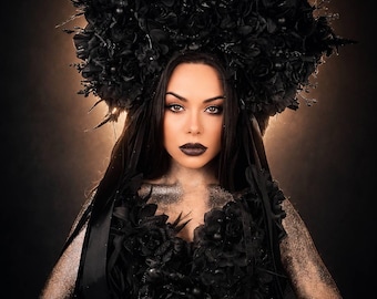 Halloween, Black Floral Halo, Gothic Evil Queen Crown, Ethno Headpiece