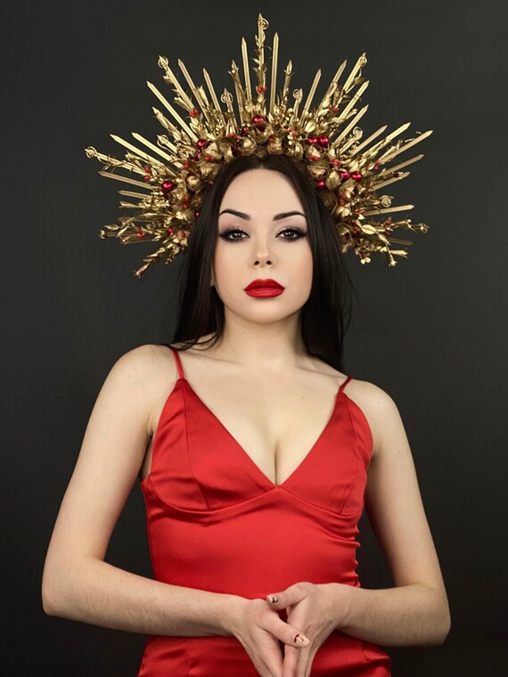 Mardi Gras Costume, Goddess Gold Spike Halo Crown, Sunburst  display picture 1