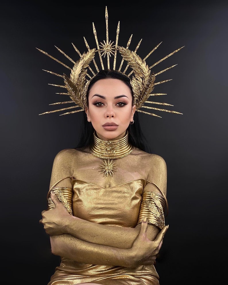 Fashion Gold Headband, Glitter Met Gala Crown, Sunburst Crown, Spike Halo Crown, Goddess of Victory, Galaxy Crown, Laurel wreath, Fire bird image 3