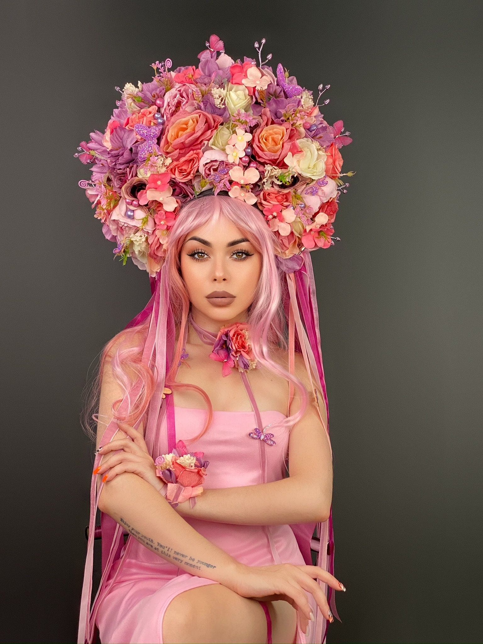 Pink Flower Crown, Large Floral Boho Headdress, Bridal  display picture 3