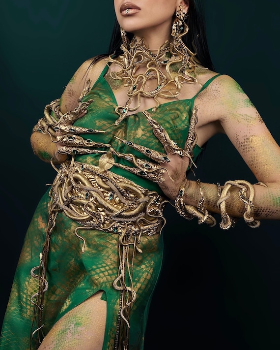Burning Man, Medusa Costume Jewelry Set, Snake Earrings, Gold Belt, Gothic Corset - Etsy Hong Kong Burning Man, Medusa Costume Jewelry Set, Snake Earrings, Gold Belt, Gothic Corset - Etsy Hong Kong