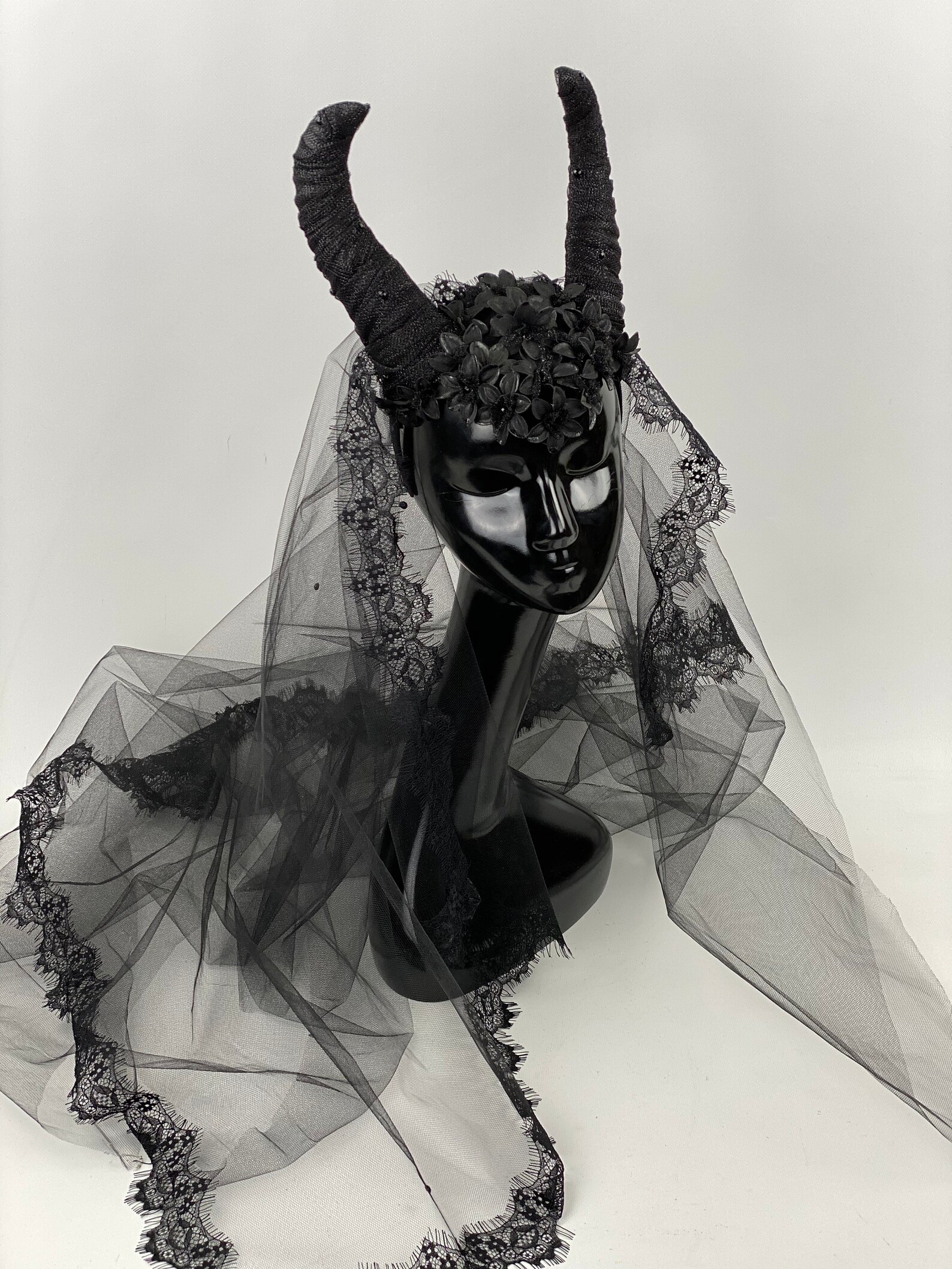 Gothic Black Headdress With Horns and Veil Headdress Horned Etsy UK