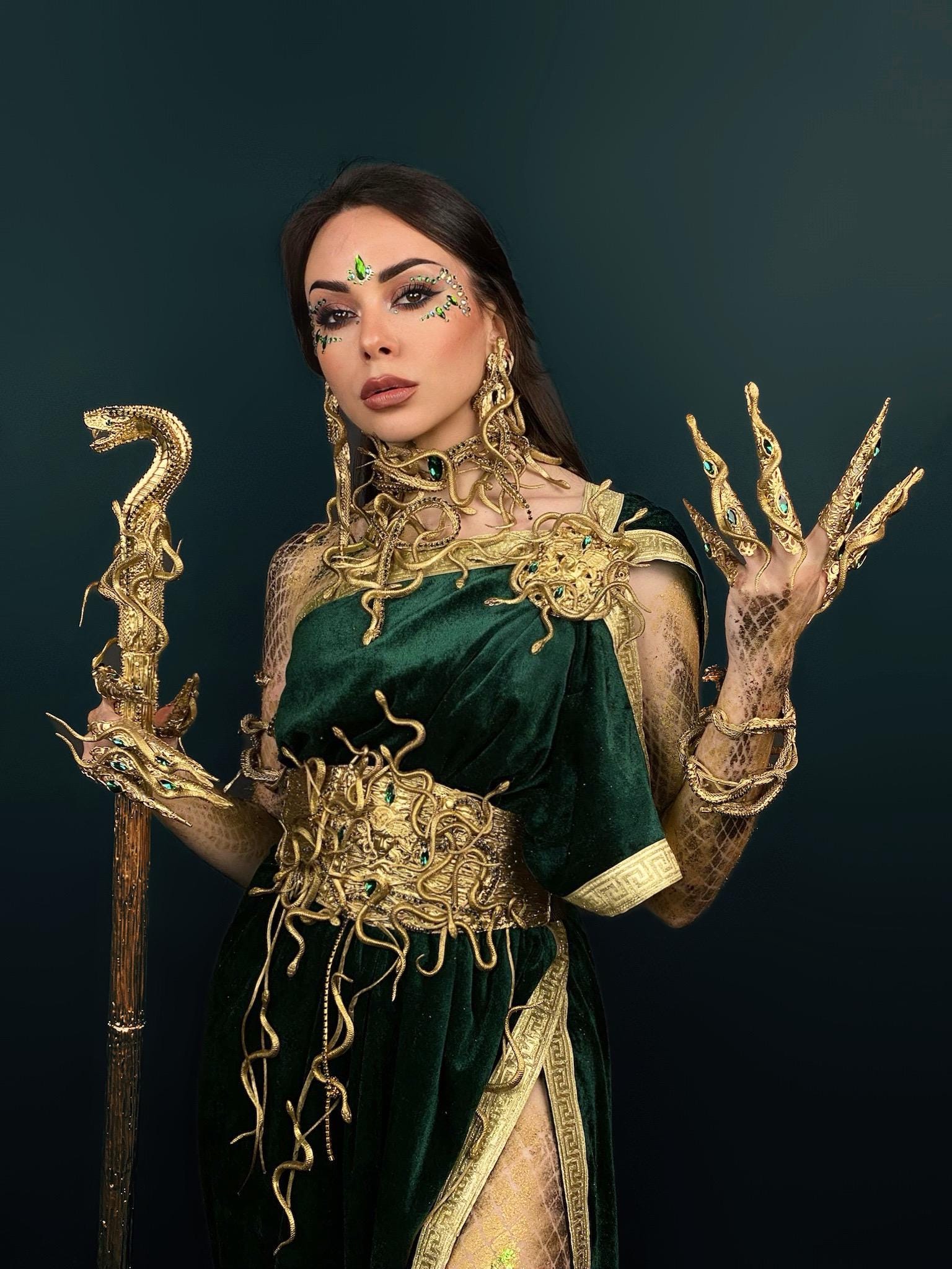 Gorgon Velvet Dress, Costume Medusa Gorgon, Snake Accessories, Greek Goddess Stola, Gorgon Accessories, Velvet Tunic, Halloween, Toga Party