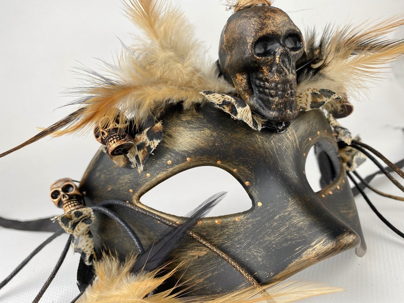 Voodoo Carnival Mask, Feathers and Skulls Mask, Aboriginal accessory, Accessory for African party, Voodoo Party, Halloween Accessory image 2