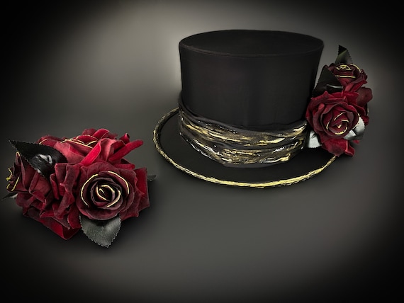 Black Velvet Top Hat With Red Roses, Gothic Victorian Style - Etsy