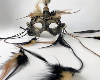 Voodoo Carnival Mask, Feathers and Skulls Mask, Aboriginal accessory, Accessory for African party, Voodoo Party, Halloween Accessory