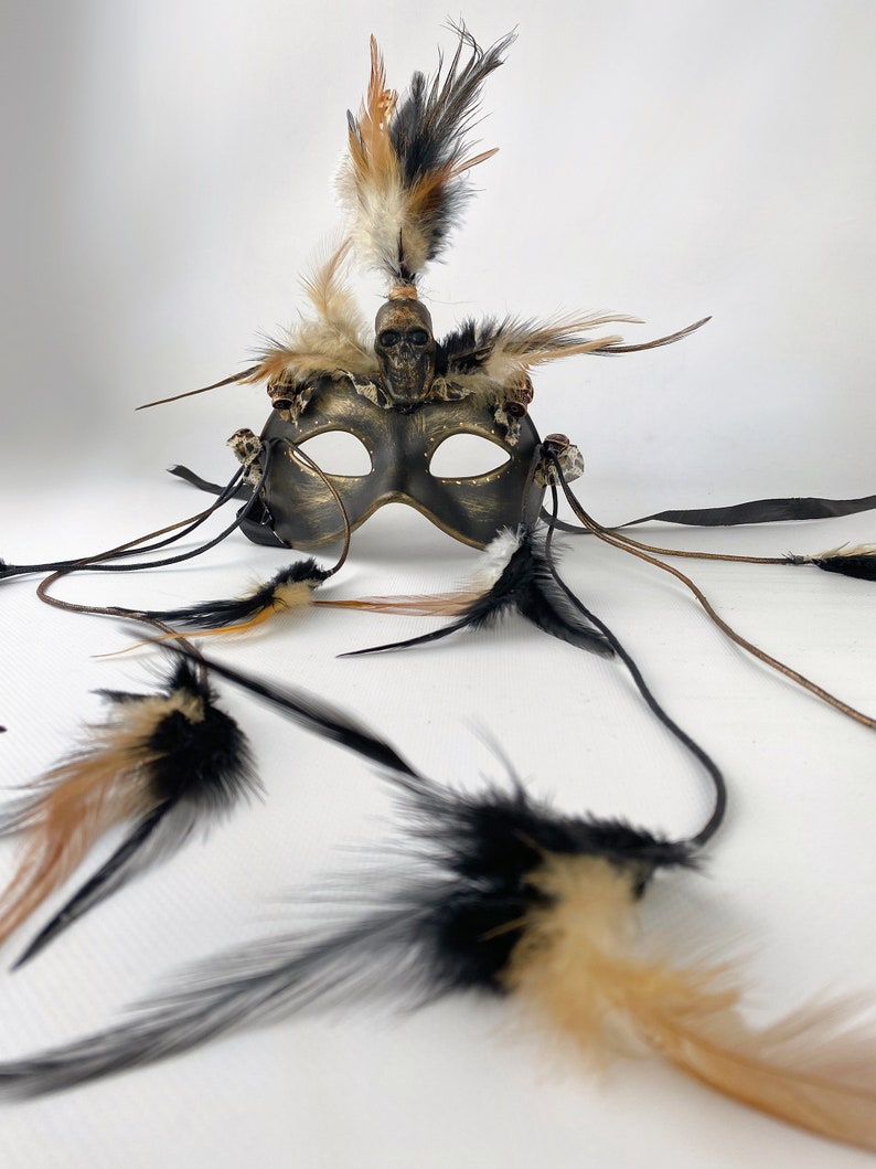 Voodoo Carnival Mask, Feathers and Skulls Mask, Aboriginal accessory, Accessory for African party, Voodoo Party, Halloween Accessory image 1